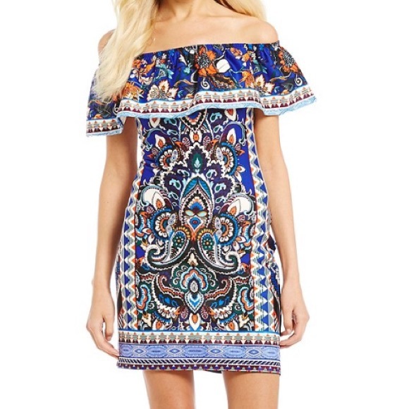 Midnight Doll Dresses & Skirts - Off the Shoulder Party Printed Sheath Dress